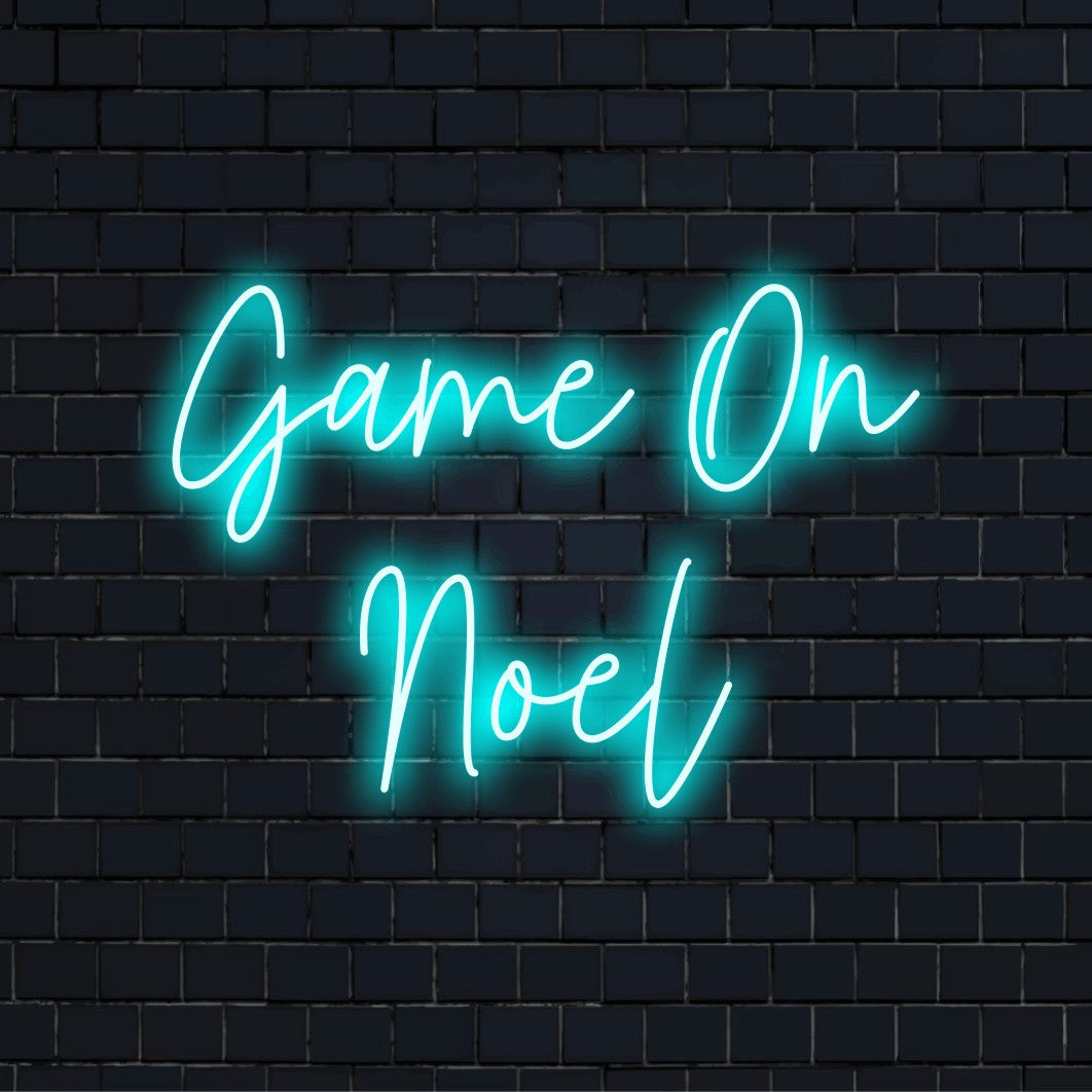 Game On Noel Custom Name Neon Sign, bright LED glow against brick backdrop