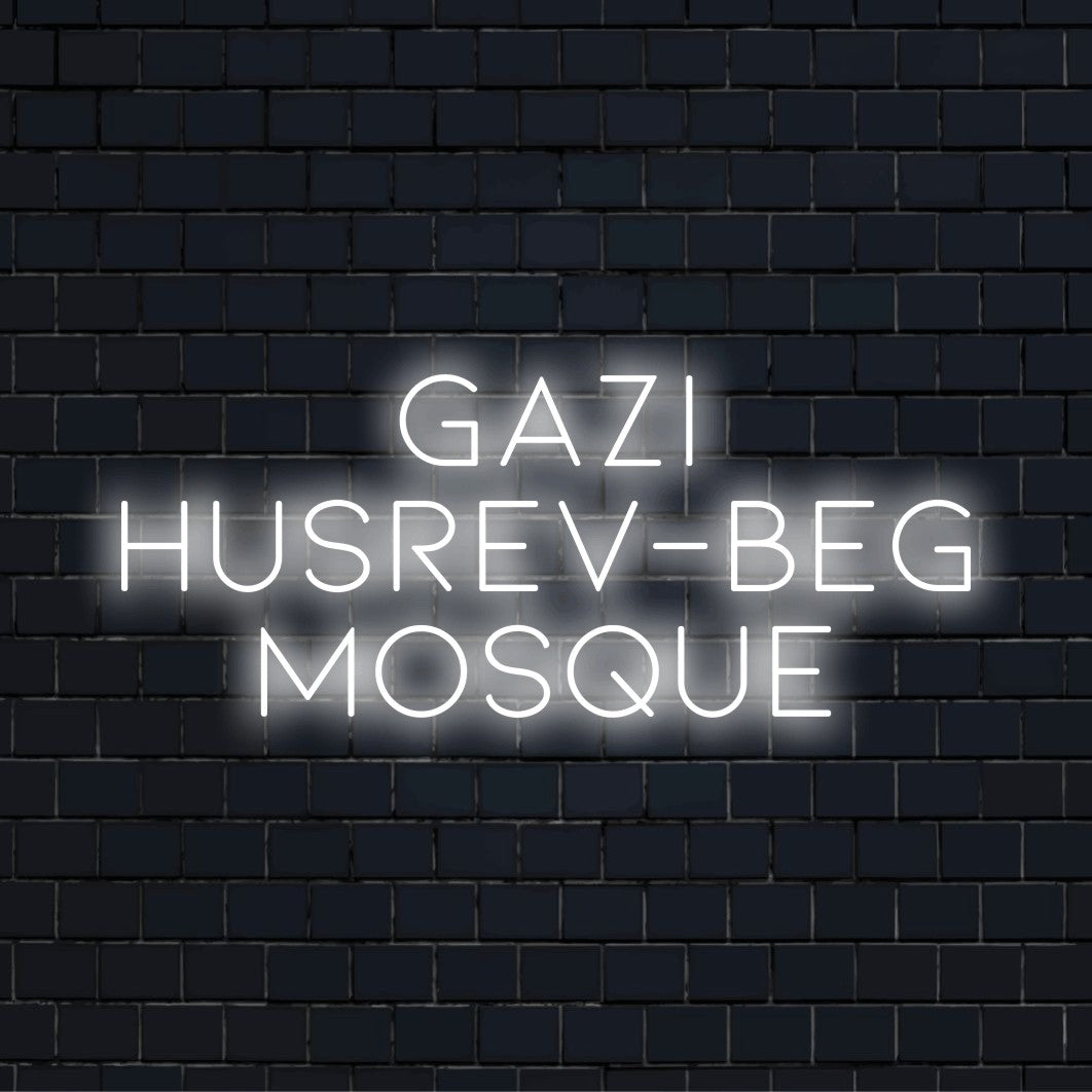 Gazi Husrev Beg Mosque Neon Sign, glowing wall decor against brick backdrop