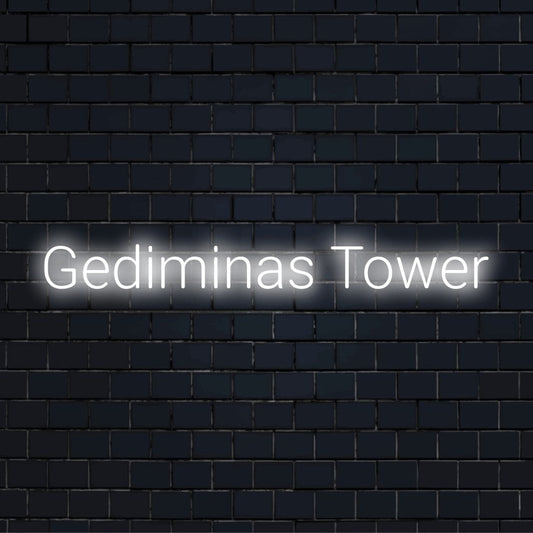 Gediminas Tower Neon Sign, bright LED glow on dark brick background