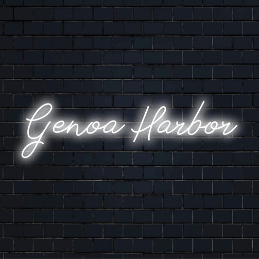 Genoa Harbor Neon Light with bright LED glow on dark brick background