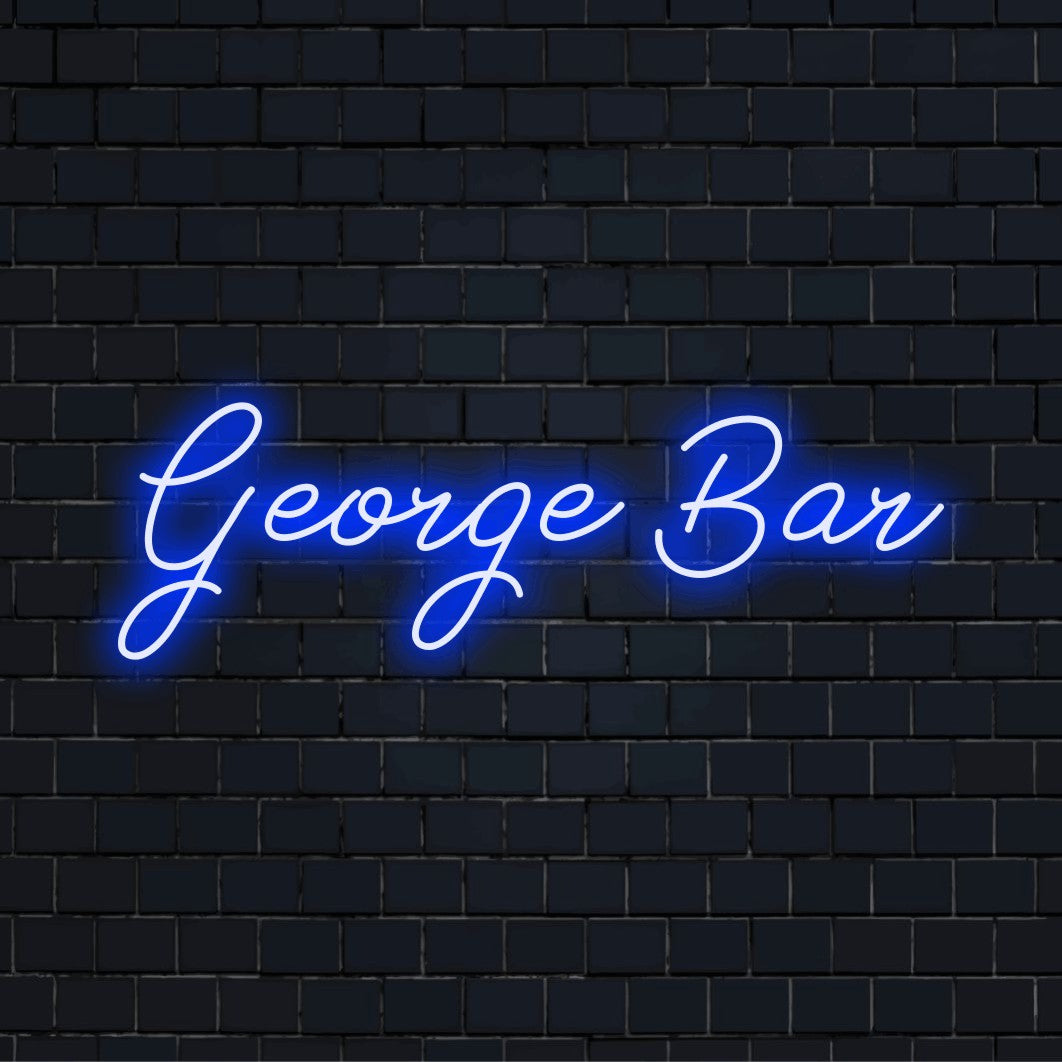 George Bar Custom Name Neon Sign, bright LED glow against black brick wall