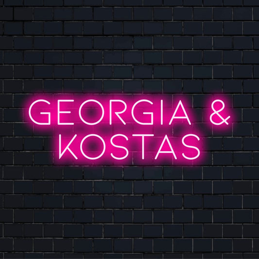 Georgia _ Kostas Custom Name Neon Sign, bright neon lettering on black brick background