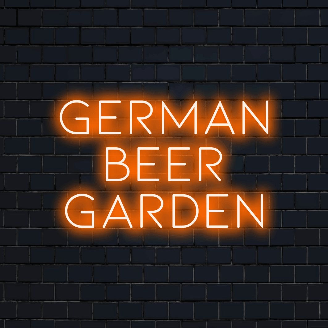 German Beer Garden LED Neon Sign, soft neon glow on dark brick wall
