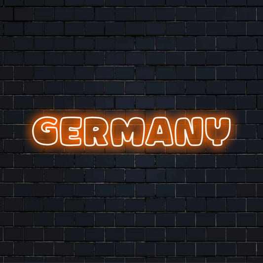 Germany LED Neon Sign, bright neon lettering against brick backdrop