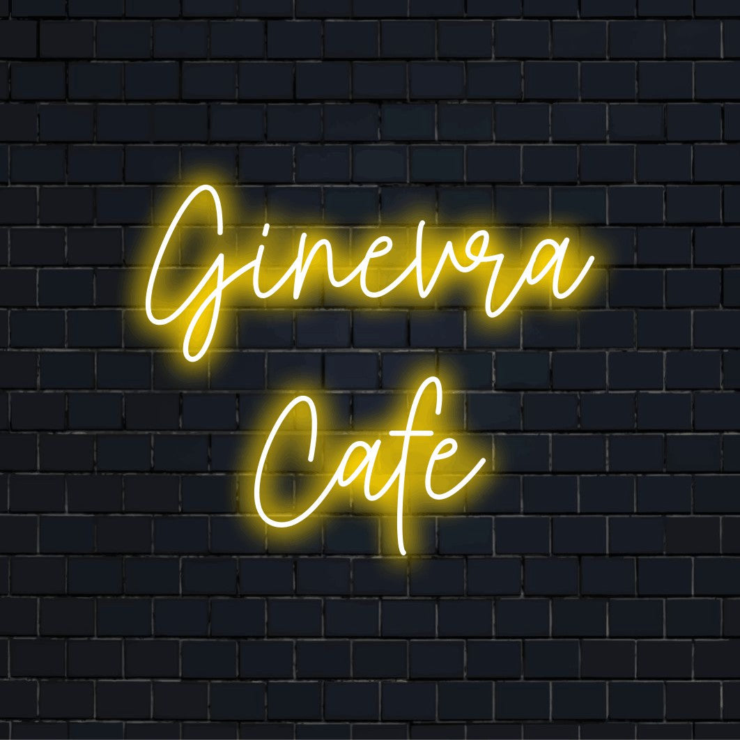 Ginevra Cafe Custom Name Neon Sign, soft neon glow on dark brick wall