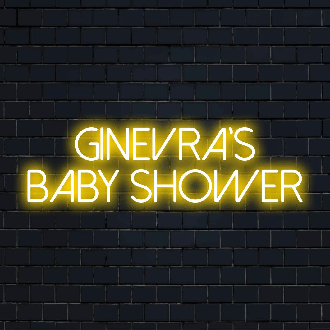 Ginevra_s Baby Shower Personalized Neon Light with soft neon glow on dark brick background