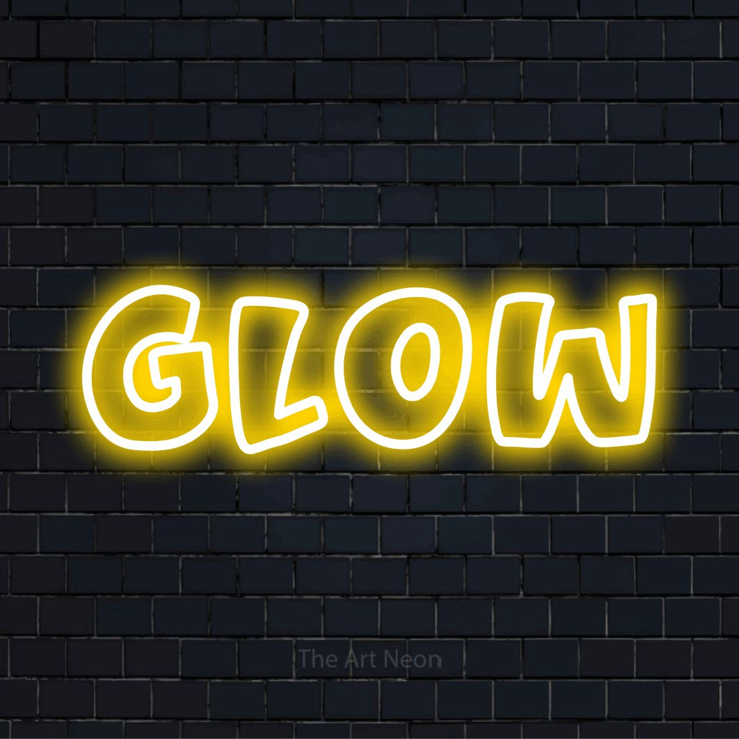 "Glow" text design with neon effect on a black brick wall