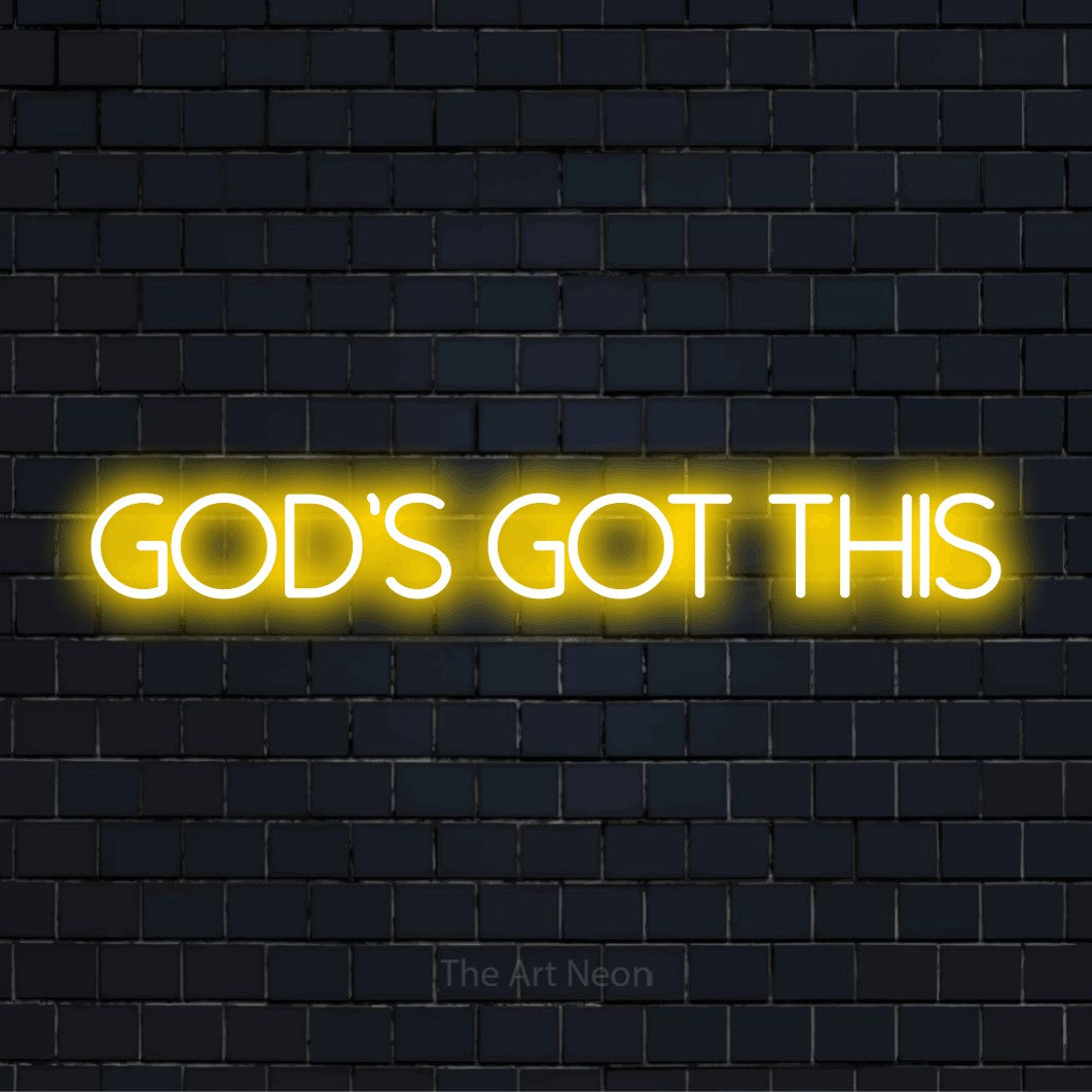 "God’s Got This" script-style LED neon sign on a black brick wall