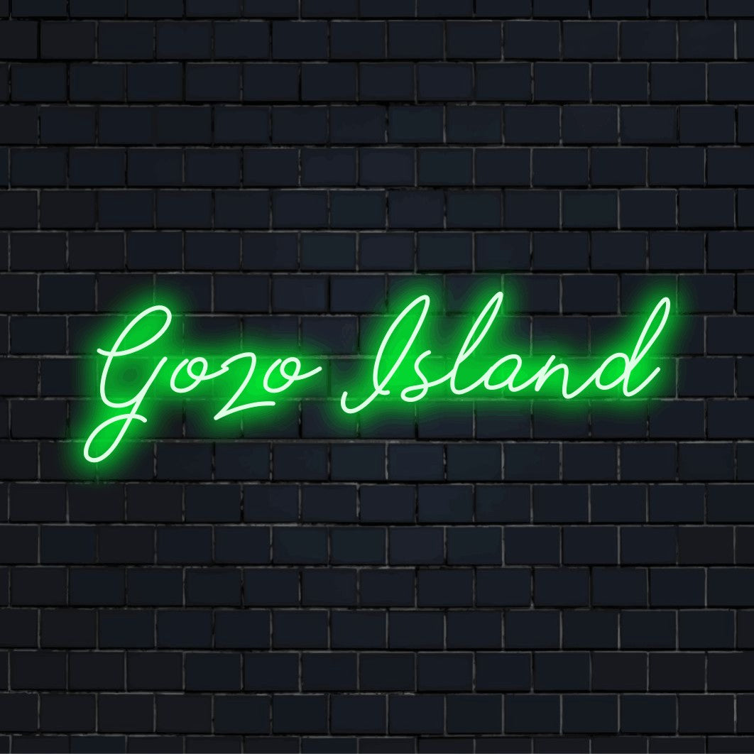Gozo Island Neon Sign, soft neon glow on dark brick background