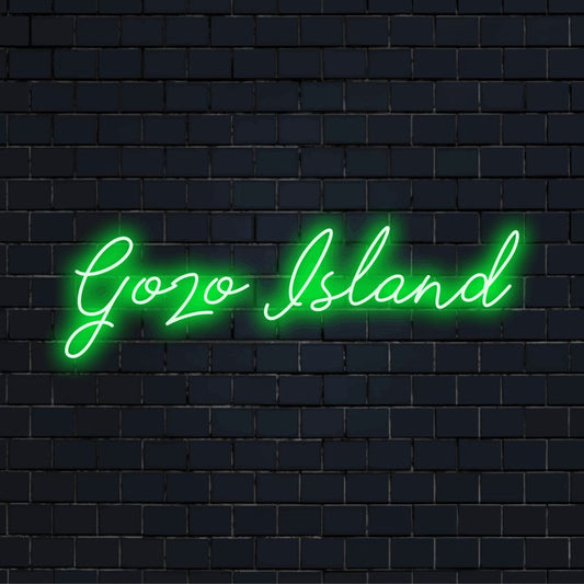 Gozo Island Neon Sign, soft neon glow on dark brick background