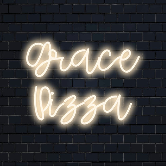 Grace Pizza Personalized Neon Light with glowing wall decor on dark brick background