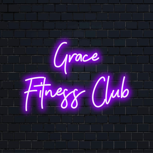 Grace Fitness Club Custom Name Neon Sign, soft neon glow on black brick background