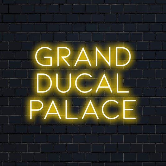 Grand Ducal Palace Neon Light with glowing neon text on black brick background
