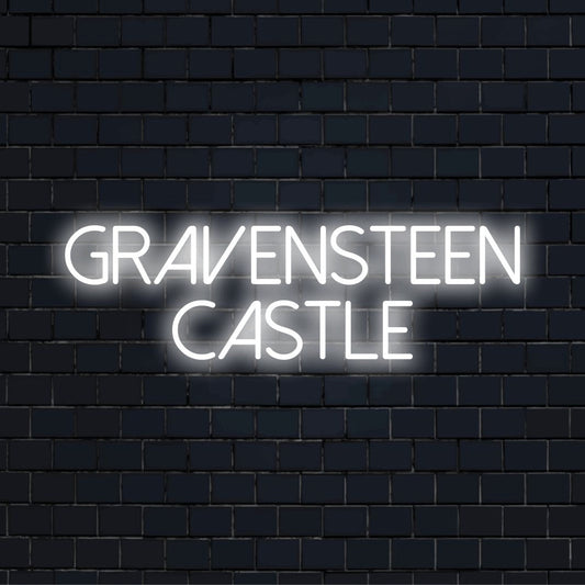 Gravensteen Castle Neon Light with bright neon glow on dark brick background