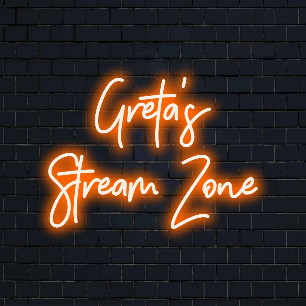 Greta_s Stream Zone Custom Name Neon Sign, soft neon glow on black brick background