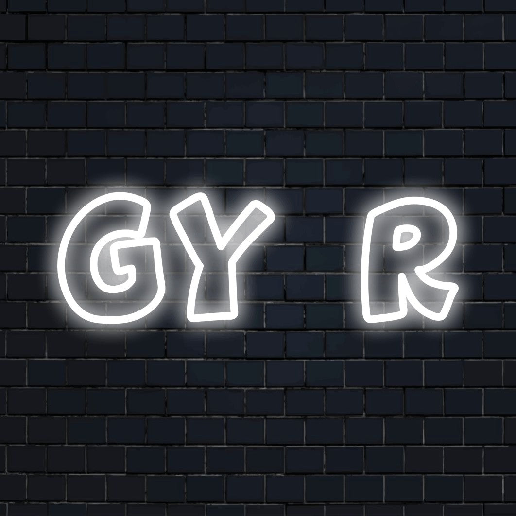 Gy R Neon Sign, neon text light against brick backdrop