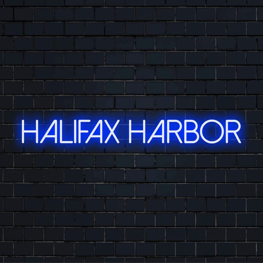 Halifax Harbor Neon Sign, glowing wall decor on dark brick wall