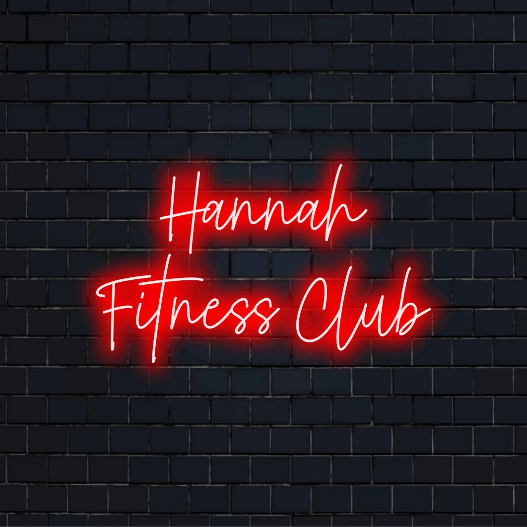 Hannah Fitness Club Custom Name Neon Sign, neon text light on black brick background