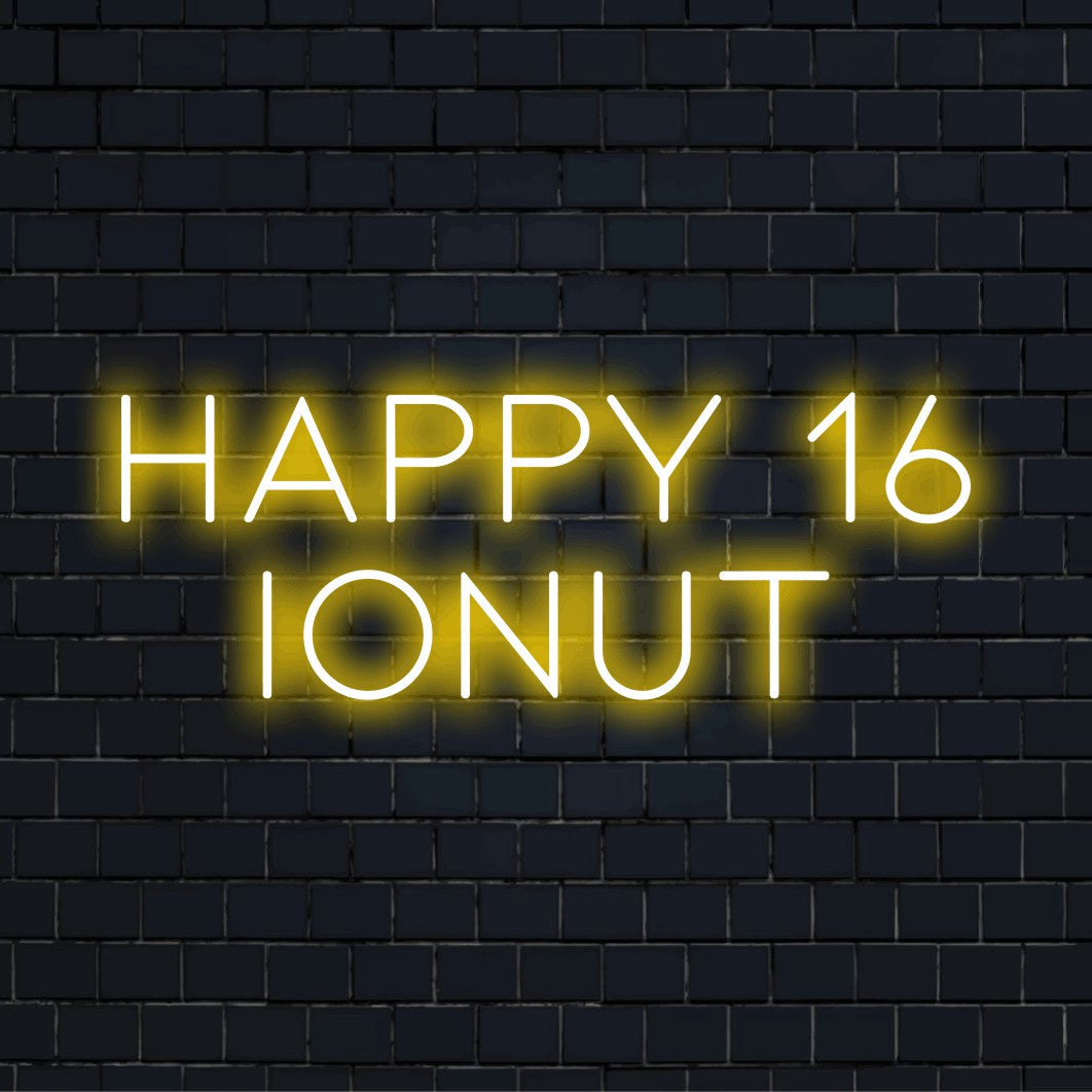 Happy 16 Ionut Personalized LED Neon Sign, bright LED glow against black brick wall
