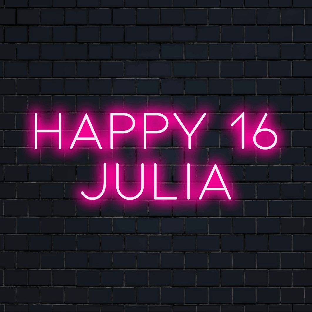 Happy 16 Julia Custom Name Neon Sign, glowing wall decor on dark brick wall