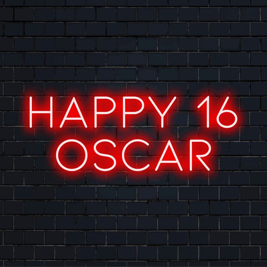 Happy 16 Oscar Custom Name Neon Sign, soft neon glow against black brick wall