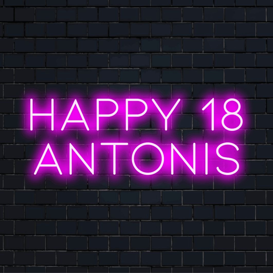 Happy 18 Antonis Custom Name Neon Sign, soft neon glow on black brick background