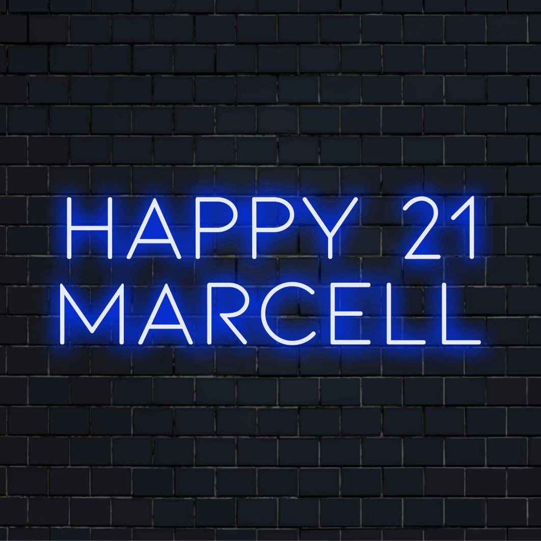 Happy 21 Marcell Custom Name Neon Sign, bright neon lettering on dark brick wall