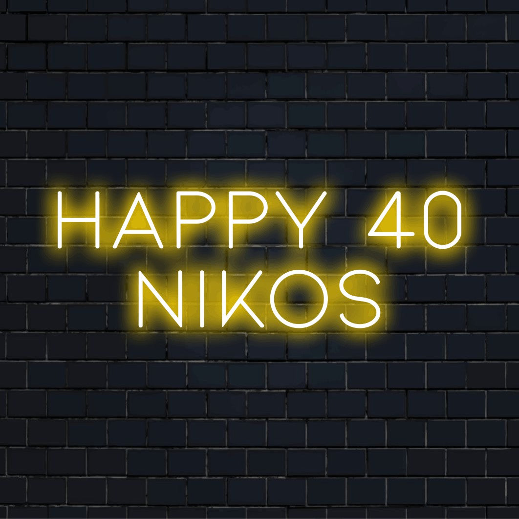 Happy 40 Nikos Personalized Neon Light with glowing wall decor against brick backdrop