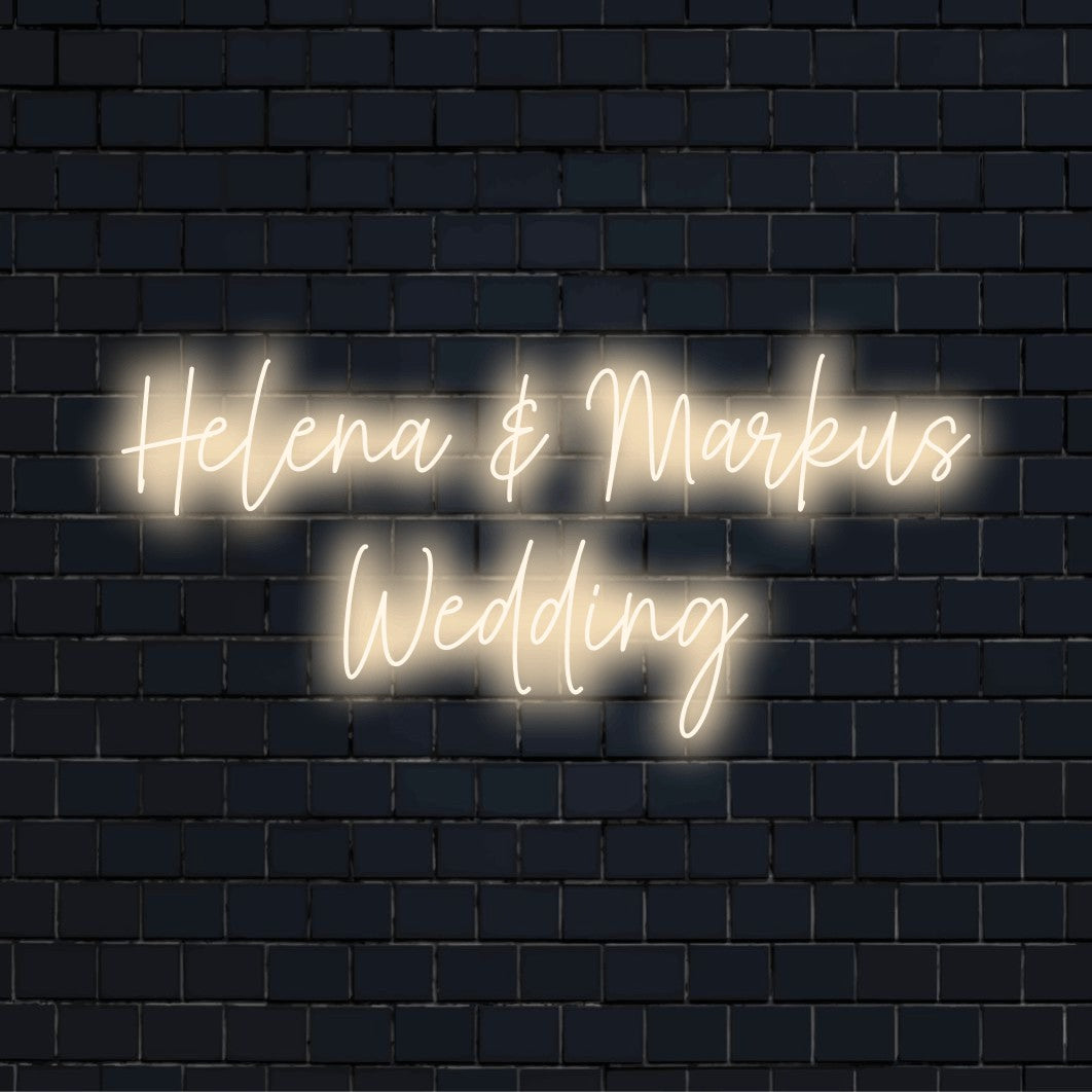 Helena _ Markus Wedding Custom Name Neon Sign, soft neon glow on dark brick background