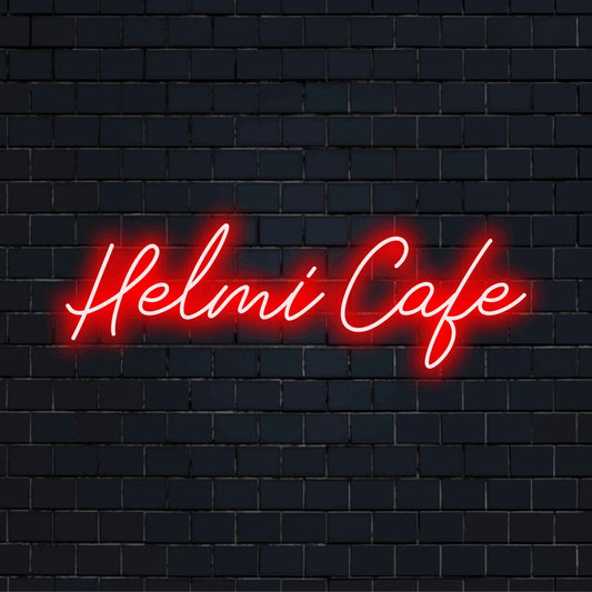 Helmi Cafe Personalized Neon Light with bright neon glow against brick backdrop