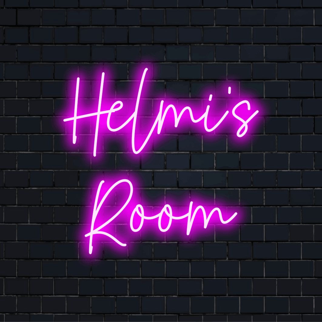 Helmi_s Room Personalized LED Neon Sign, bright neon lettering against black brick wall