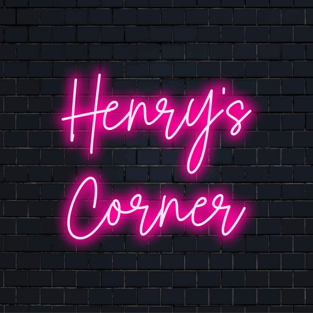 Henry_s Corner Personalized LED Neon Sign, glowing lettering on black brick background