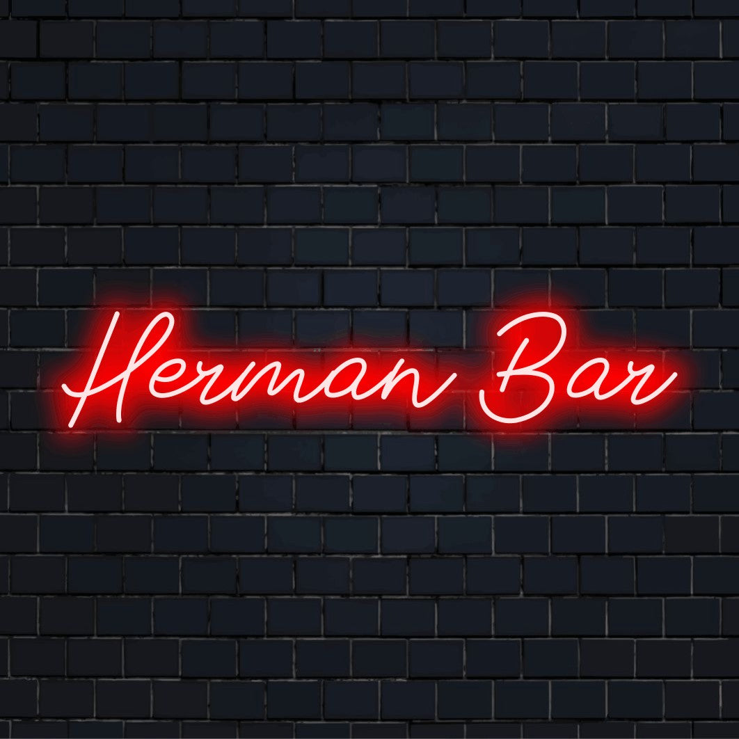 Herman Bar Custom Name Neon Sign, bright neon glow against black brick wall