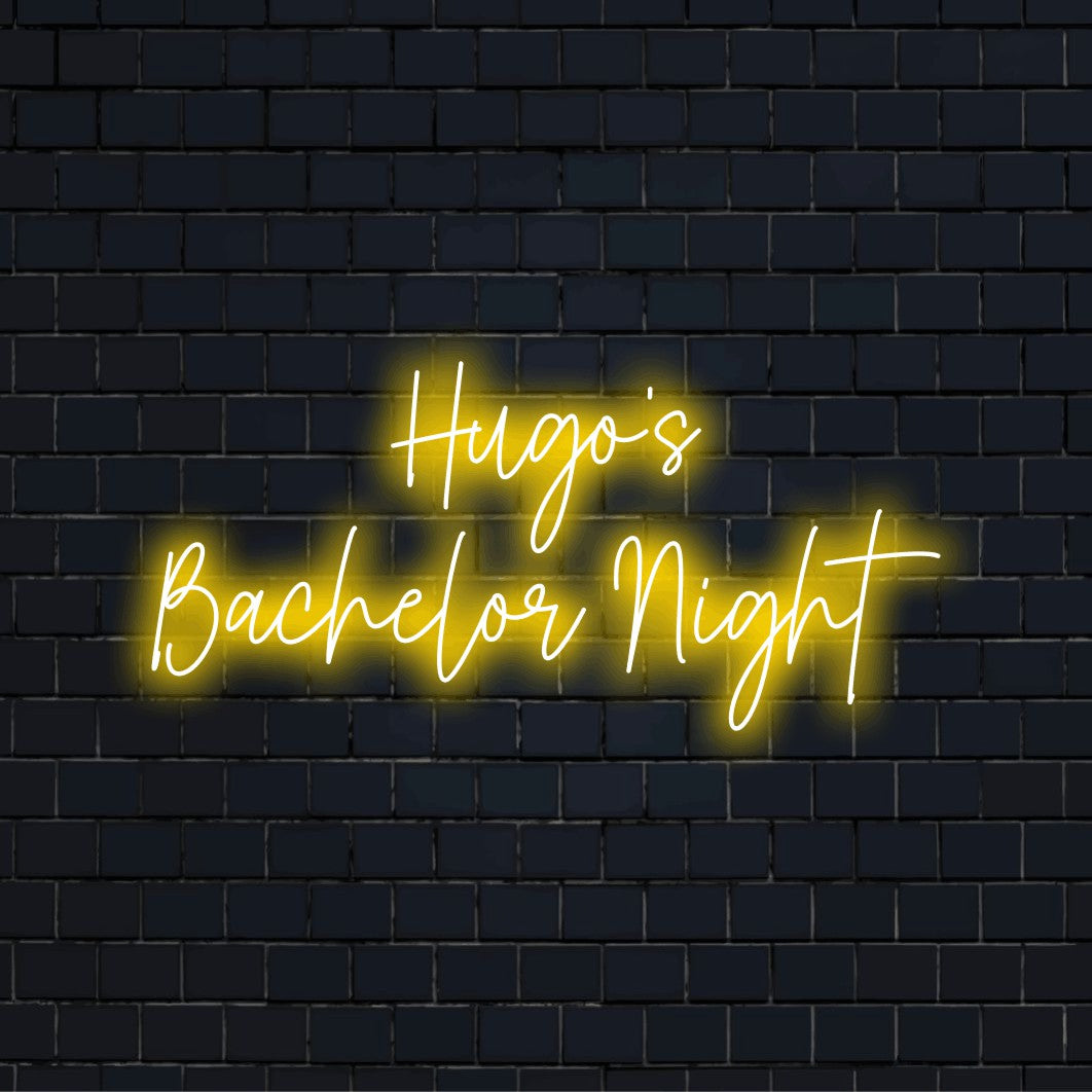 Hugo_s Bachelor Night Custom Name Neon Sign, bright LED glow on dark brick background