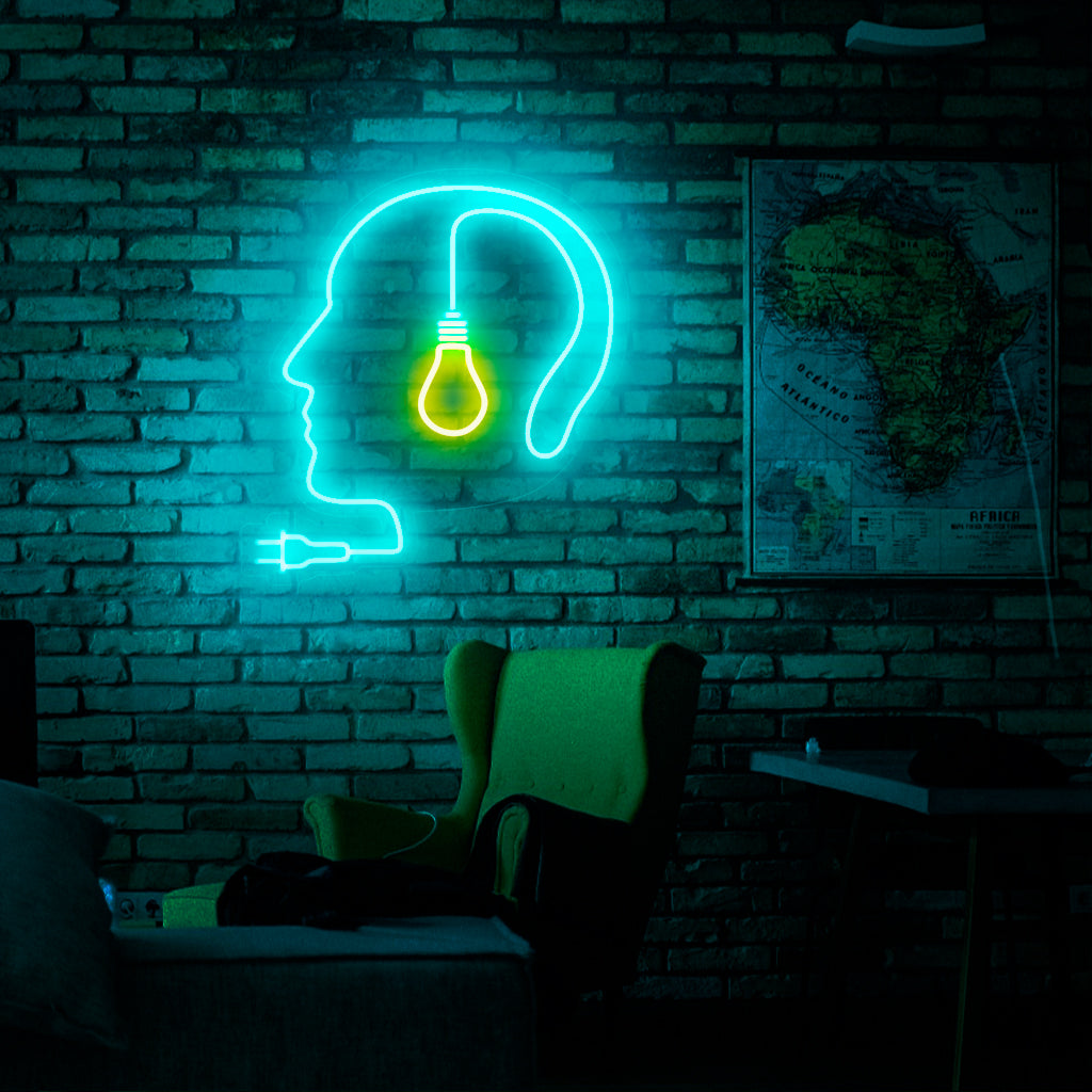 Neonupplyst människohuvud med glödlampsskylt, unik heminredning