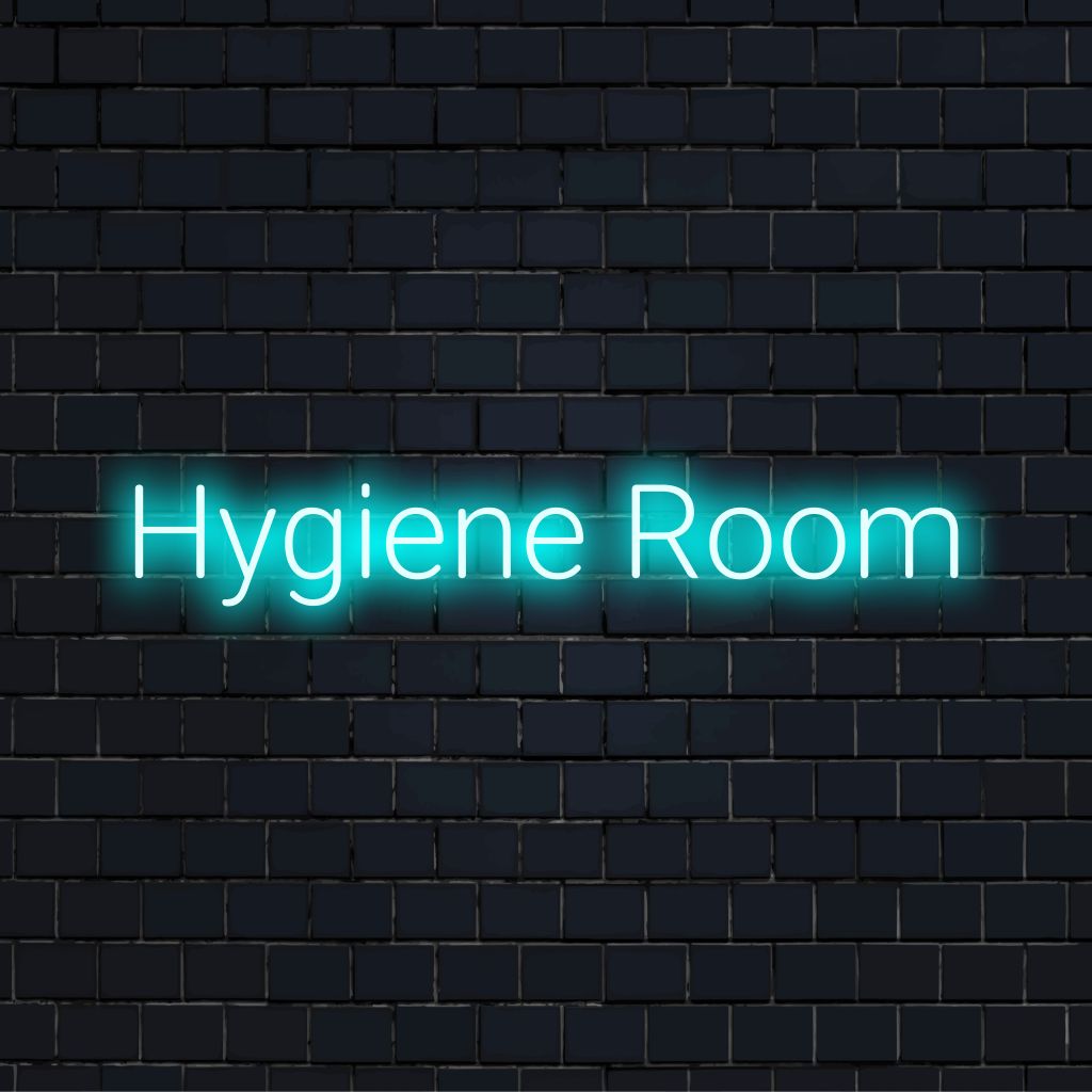Hygiene Room Neon Sign, bright neon lettering against brick backdrop