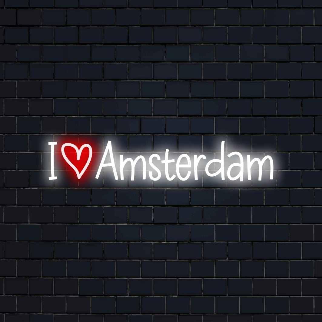 I Love Amsterdam Neon Sign, bright LED glow on dark brick wall