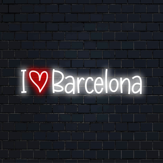I Love Barcelona LED Neon Sign, soft neon glow on dark brick wall