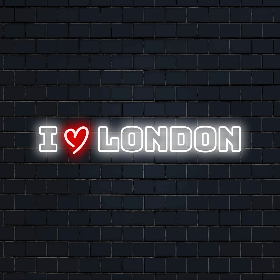 I Love London Neon Sign, glowing neon text on dark brick wall