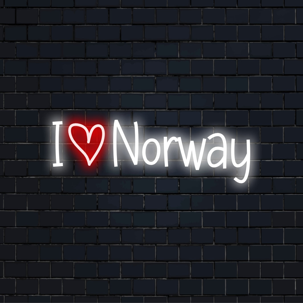 I Love Norway Neon Sign, soft neon glow against brick backdrop