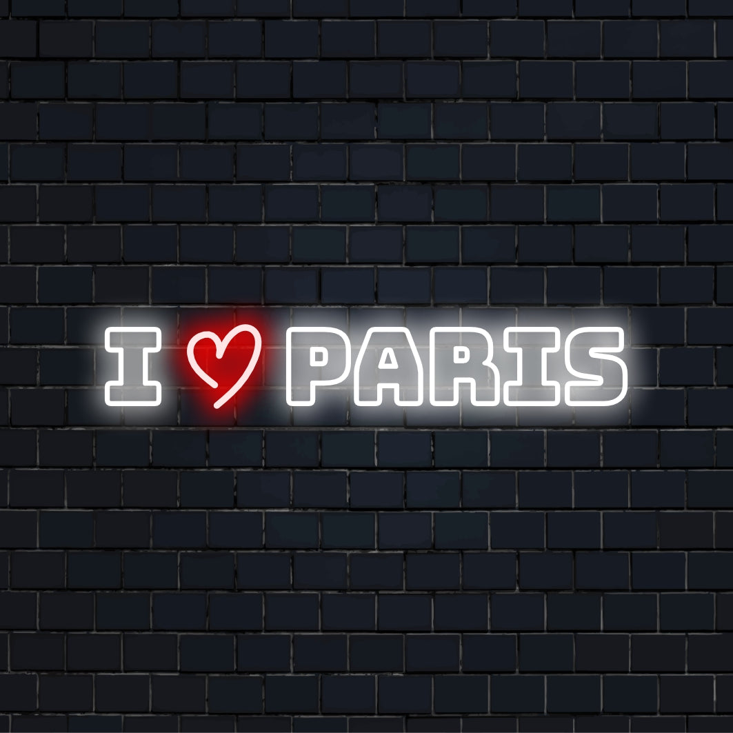 I Love Paris LED Neon Sign, bright LED glow against black brick wall