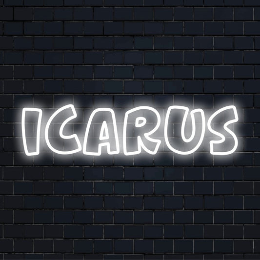 Icarus Neon Light with bright LED glow on dark brick background