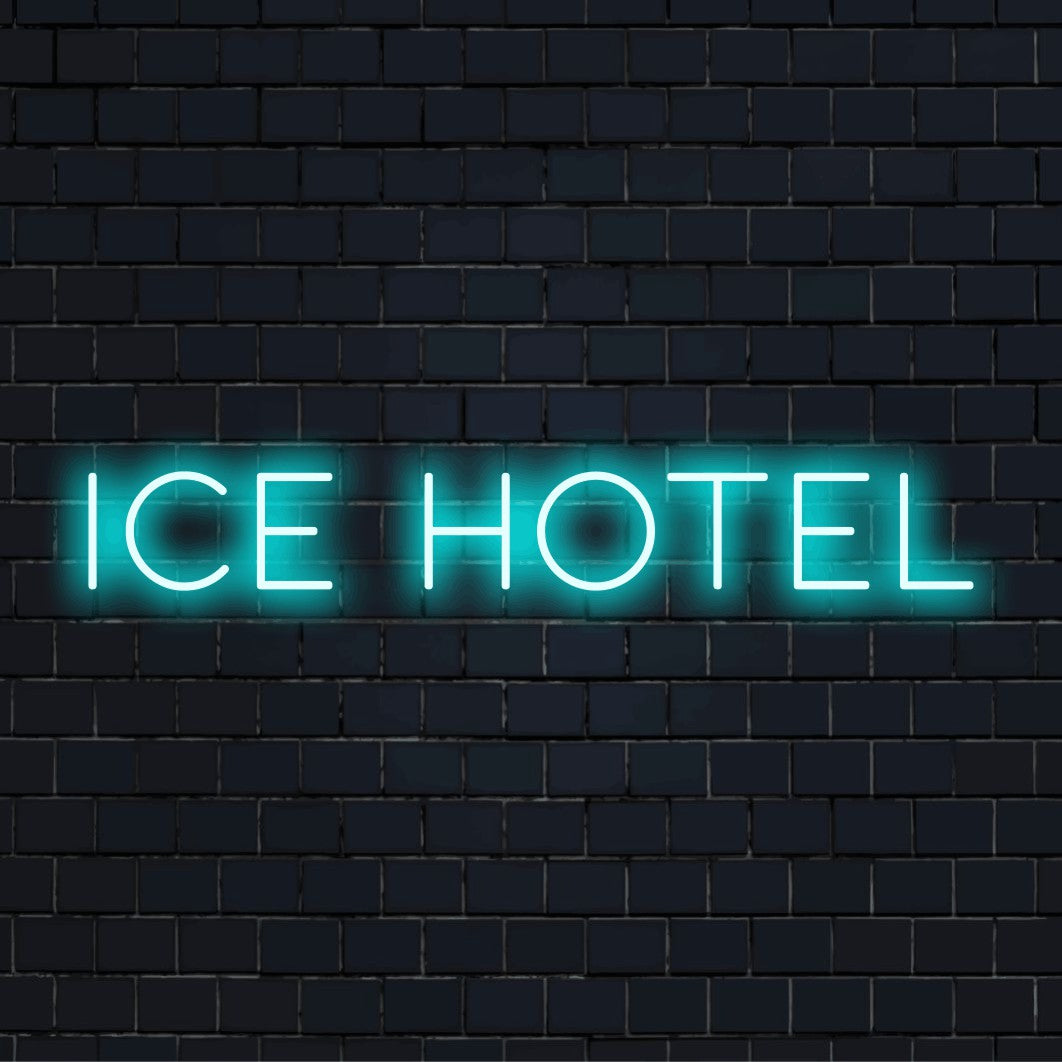 Ice Hotel LED Neon Sign, glowing lettering against brick backdrop
