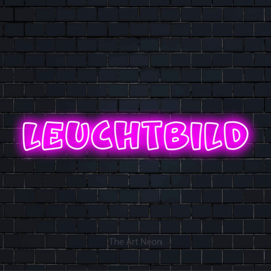 LED-Neonschild mit dem Text „Leuchtbild“ auf dunkler Ziegelwand