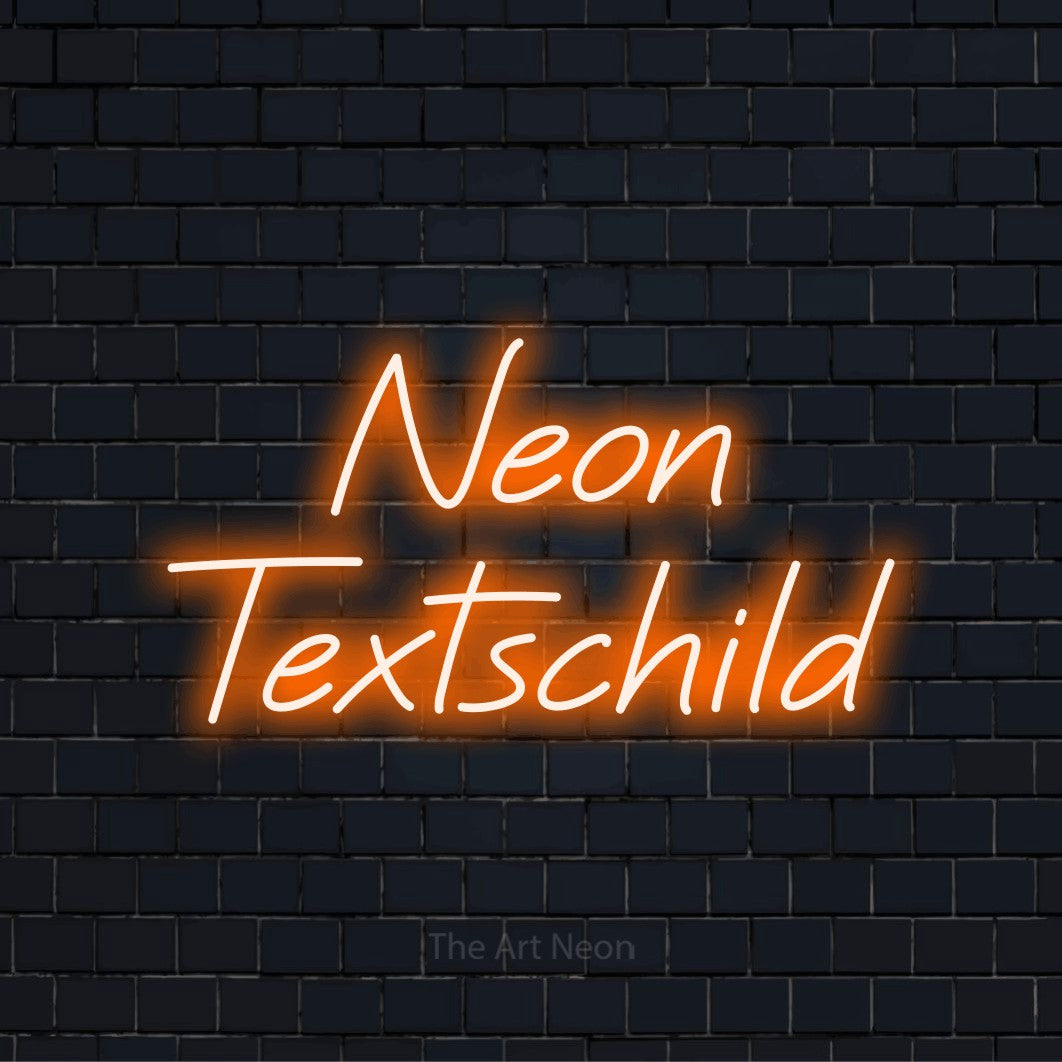 LED-Neonschild mit dem Text „Neon Textschild“ auf dunkler Ziegelwand