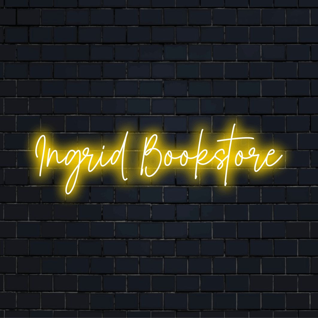 Ingrid Bookstore Custom Name Neon Sign, bright neon lettering against brick backdrop