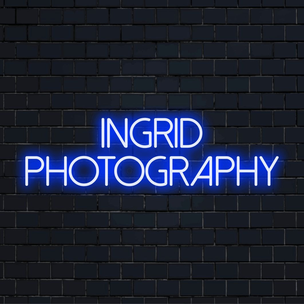 Ingrid Photography Personalized LED Neon Sign, bright neon glow on black brick background