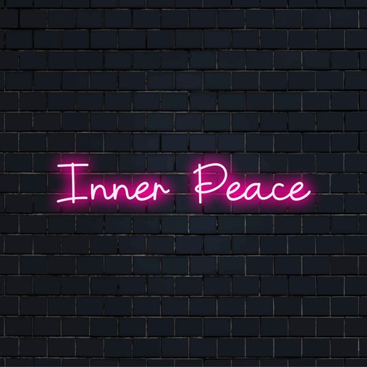 Inner Peace Neon Sign, bright neon glow on black brick background