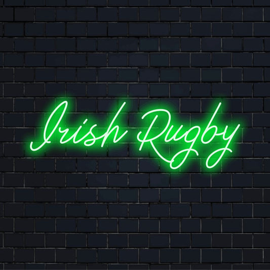 Irish Rugby Neon Sign, bright LED glow on dark brick wall