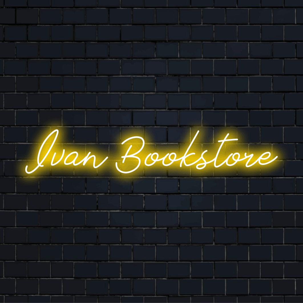 Ivan Bookstore Custom Name Neon Sign, soft neon glow against brick backdrop